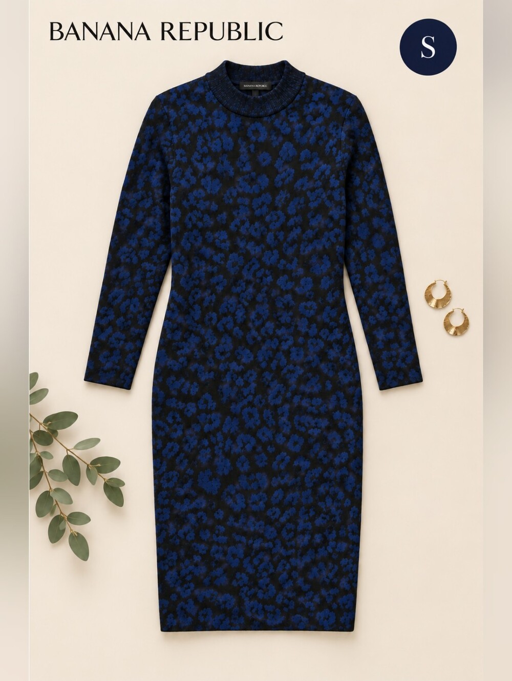 Banana Republic Blue & Black Animal-Print Mock Neck Sweater Dress, Size Small